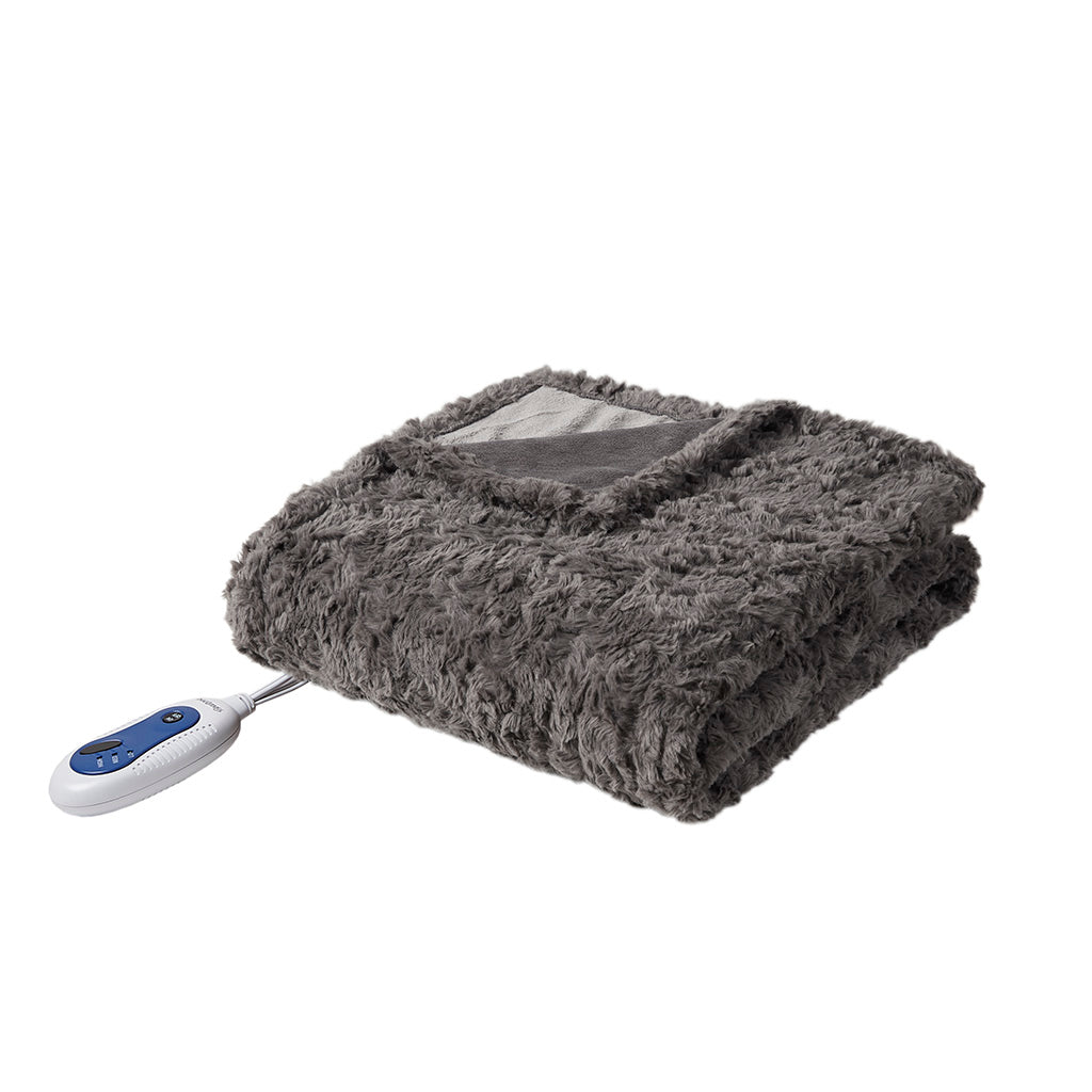 Zuri Oversized Faux Fur Heated Throw - Dark Grey