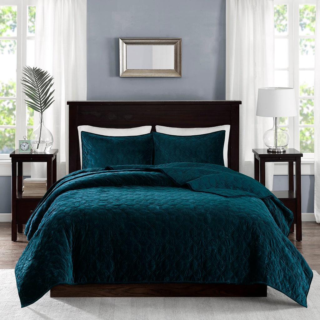 Harper 3 Piece Velvet Quilt Set - Teal