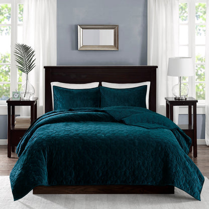 Harper 3 Piece Velvet Quilt Set - Teal