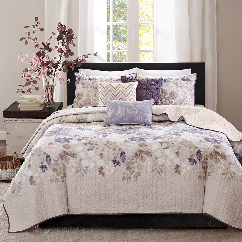 Luna 6 Piece Printed Quilt Set with Throw Pillows - Taupe