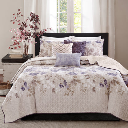 Luna 6 Piece Printed Quilt Set with Throw Pillows - Taupe