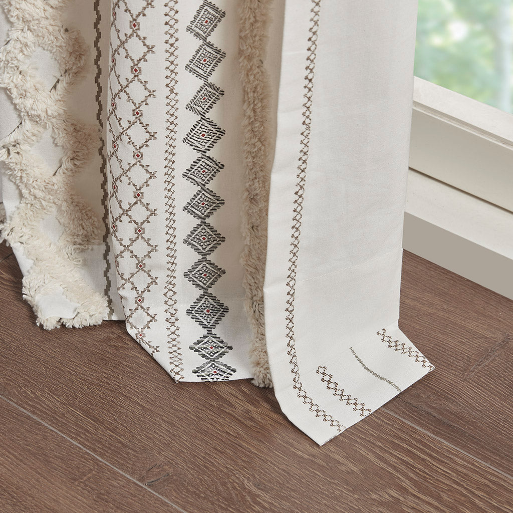 Imani Cotton Printed Curtain Panel with Chenille Stripe and Lining - Ivory