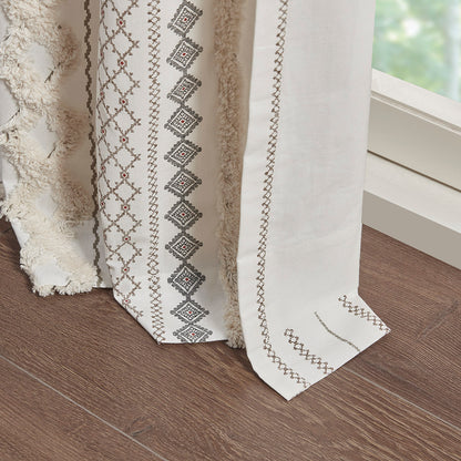 Imani Cotton Printed Curtain Panel with Chenille Stripe and Lining - Ivory
