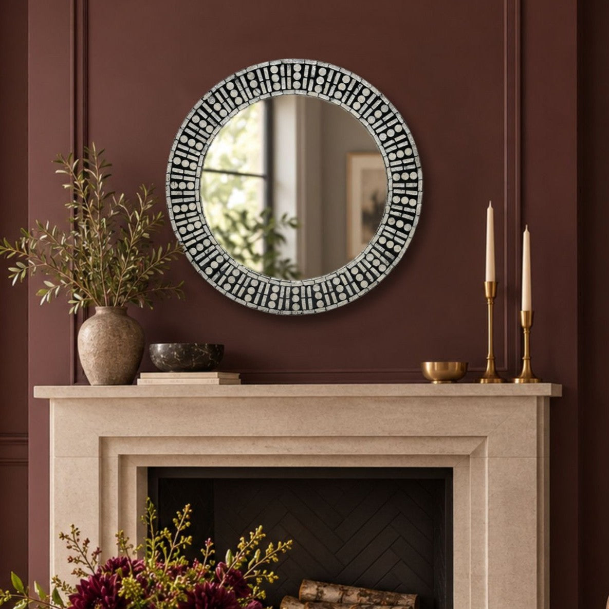 24"D Round Capiz Shell Mosaic Wall Mirror/  Odeon - Black/Natural