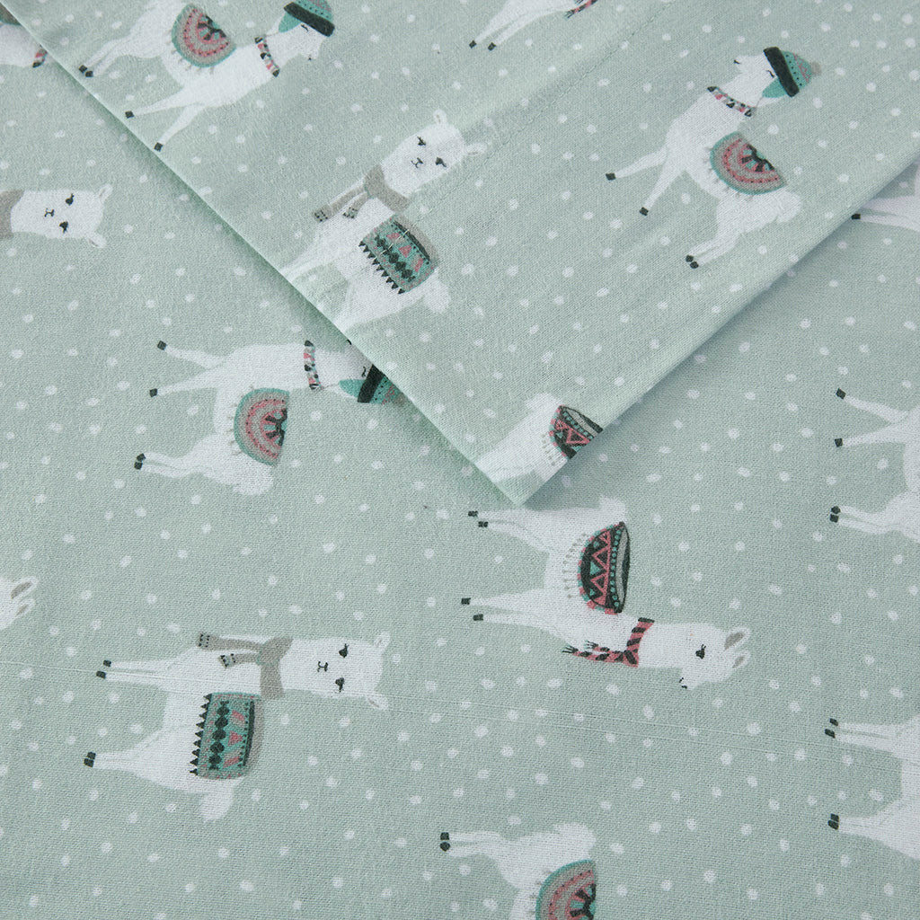 Cozy Cotton Flannel Printed Sheet Set - Seafoam Llama
