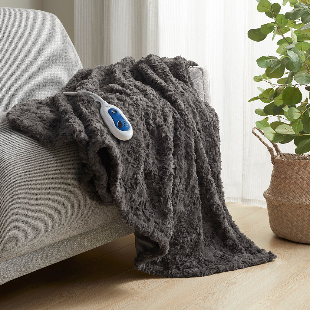 Zuri Oversized Faux Fur Heated Throw - Dark Grey