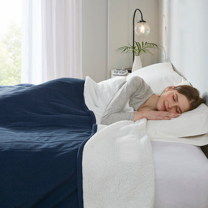 Fleece to Sherpa Heated Blanket - Blue