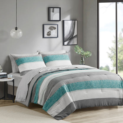 Jaxon Stripe Comforter Set with Bed Sheets - Aqua/Grey