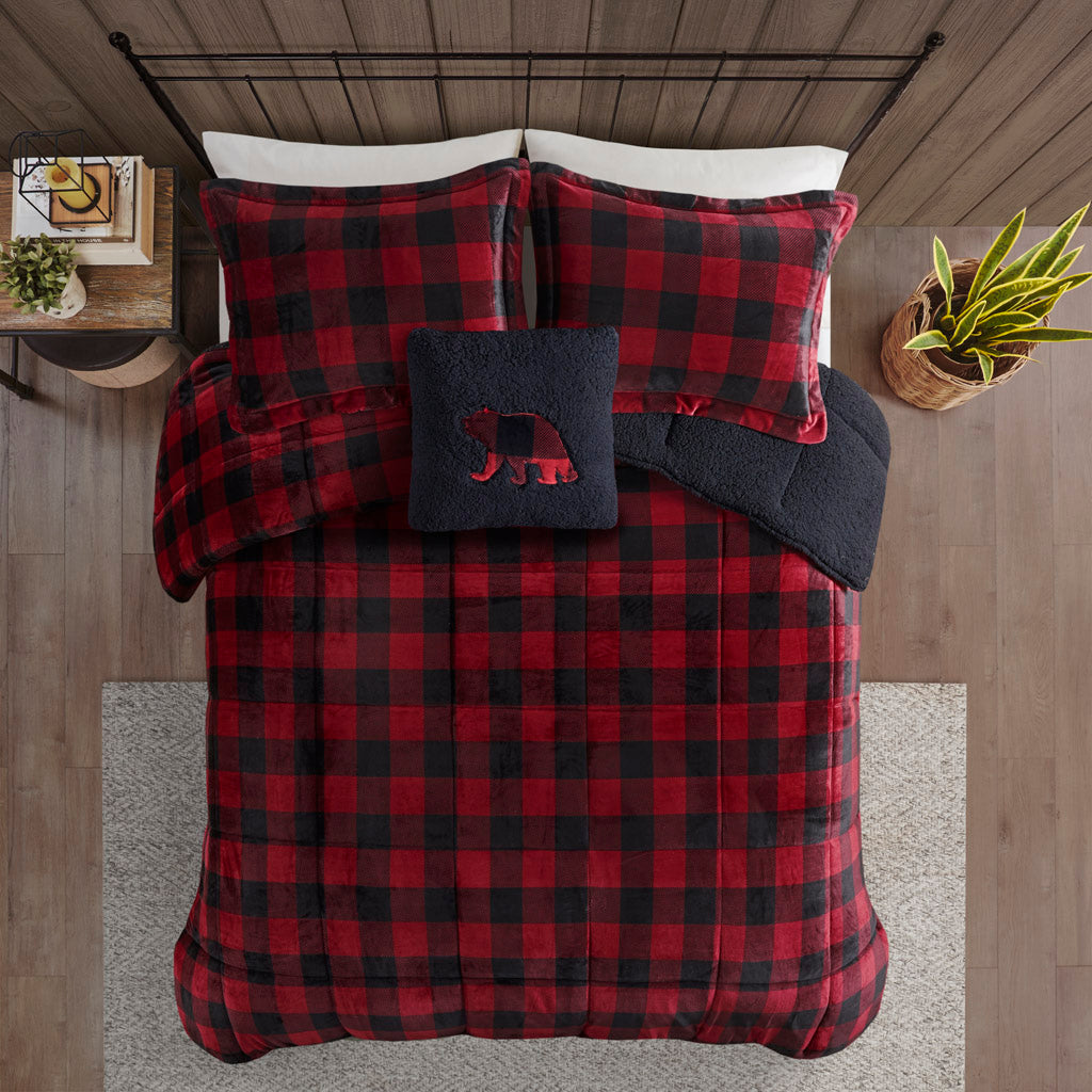 Alton Plush to Sherpa Down Alternative Comforter Set - Red/Black Buffalo Check