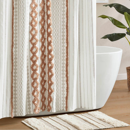Imani Cotton Printed Shower Curtain with Chenille - Rose Clay