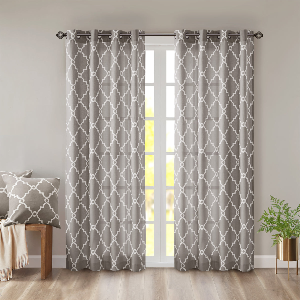 Saratoga Fretwork Print Grommet Top Window Curtain Panel - Grey/White