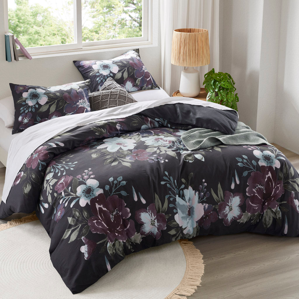 Jolene 3 Piece Cotton Duvet Cover Set - Dark Grey/Plum