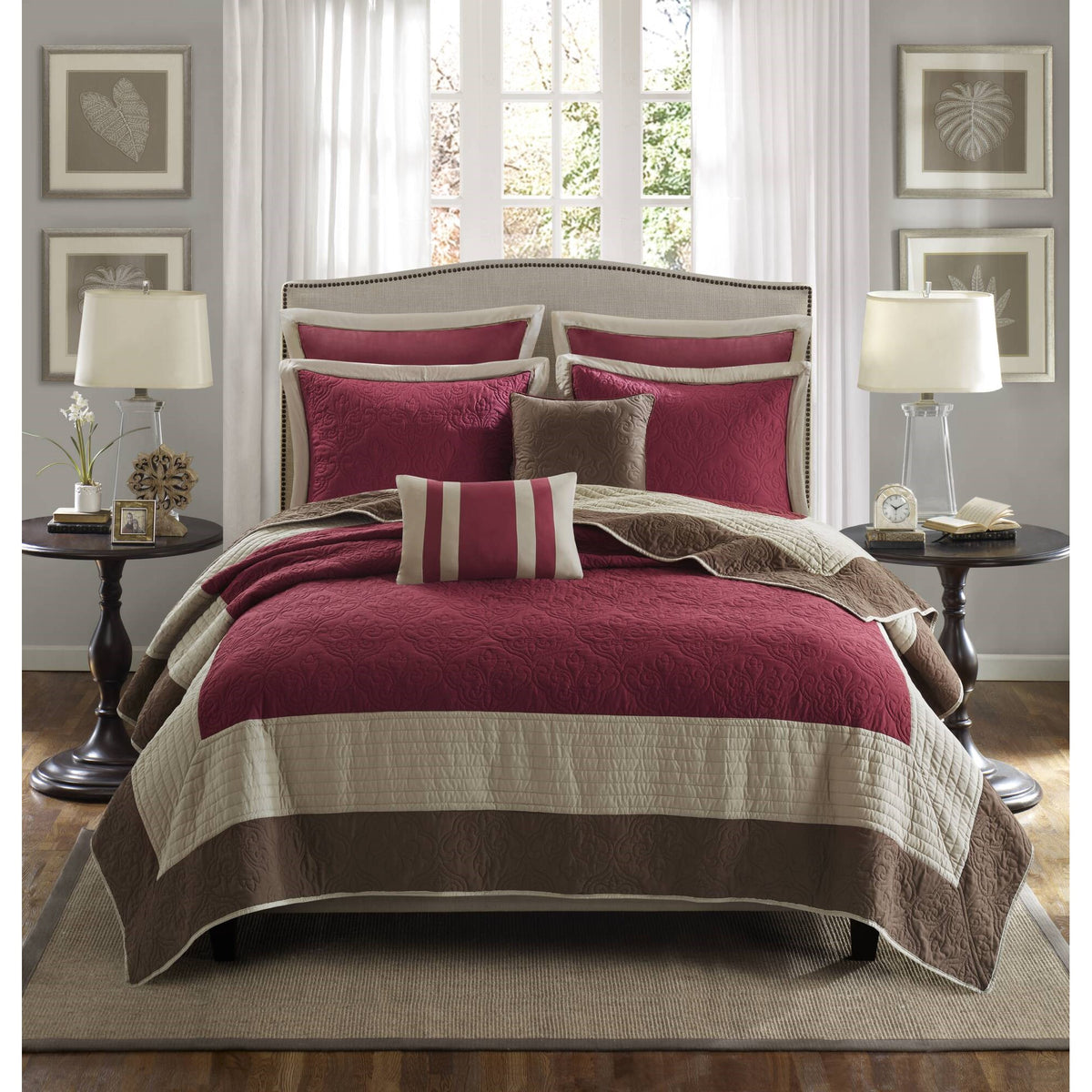 Attingham 7 Piece Quilt Set with Euro Shams and Throw Pillows - Red