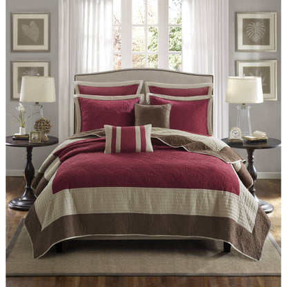 Attingham 7 Piece Quilt Set with Euro Shams and Throw Pillows - Red