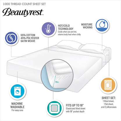 1000 Thread Count HeiQ Smart Temperature Cotton Blend 4 PC Sheet Set - Seafoam