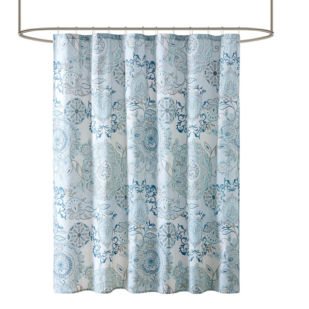 Isla Printed Cotton Shower Curtain - Blue