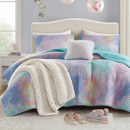 Cassiopeia Watercolor Tie Dye Printed Quilt Set with Throw Pillow - Aqua