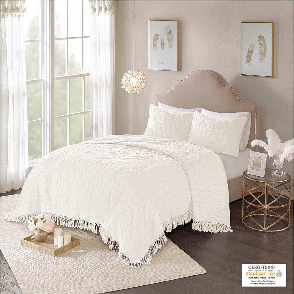 Laetitia Tufted Cotton Chenille Medallion Fringe Coverlet Mini Set - Off-White