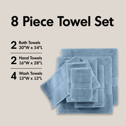 800GSM 100% Cotton 8 Piece Towel Set - Rain Washed