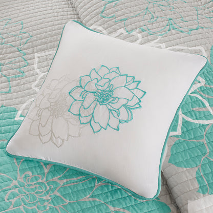 Lola 6 Piece Printed Cotton Quilt Set with Throw Pillows - Aqua