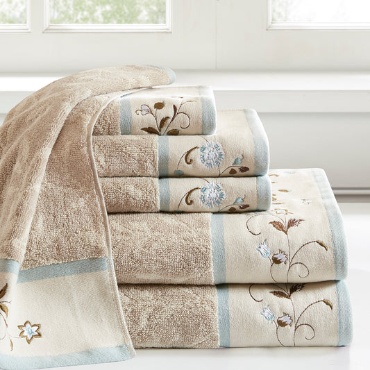 Serene Embroidered Cotton Jacquard 6 Piece Towel Set - Blue