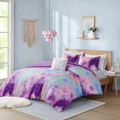 Cassiopeia Watercolor Tie Dye Printed Duvet Cover Set with Throw Pillow - Lavender