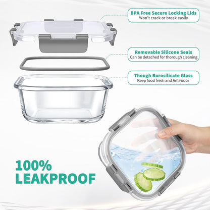 34-Piece Glass Food Storage Containers with Airtight Lids Set (Grey)