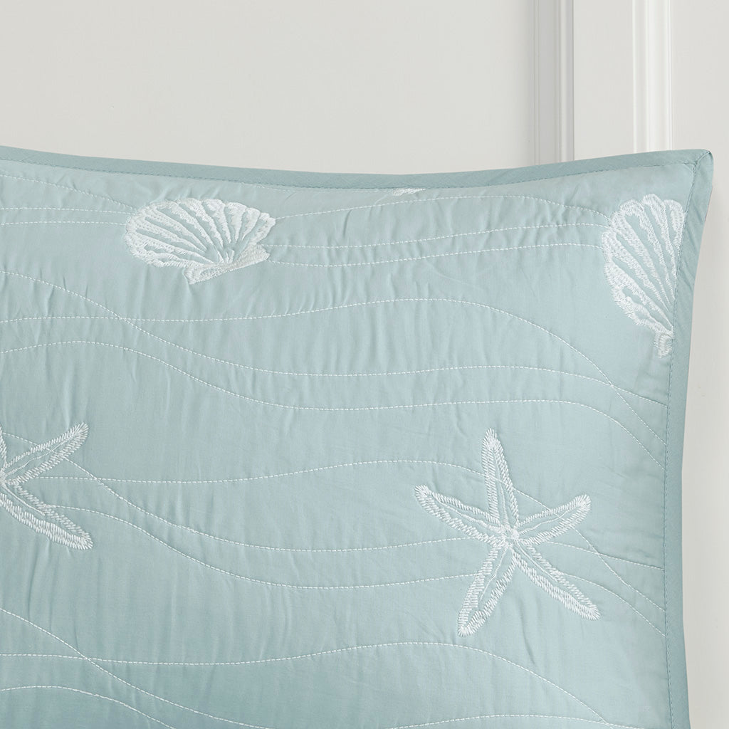 Seaside 4 Piece Cotton Reversible Embroidered Quilt Set with Throw Pillow - Aqua