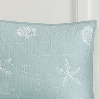 Seaside 4 Piece Cotton Reversible Embroidered Quilt Set with Throw Pillow - Aqua
