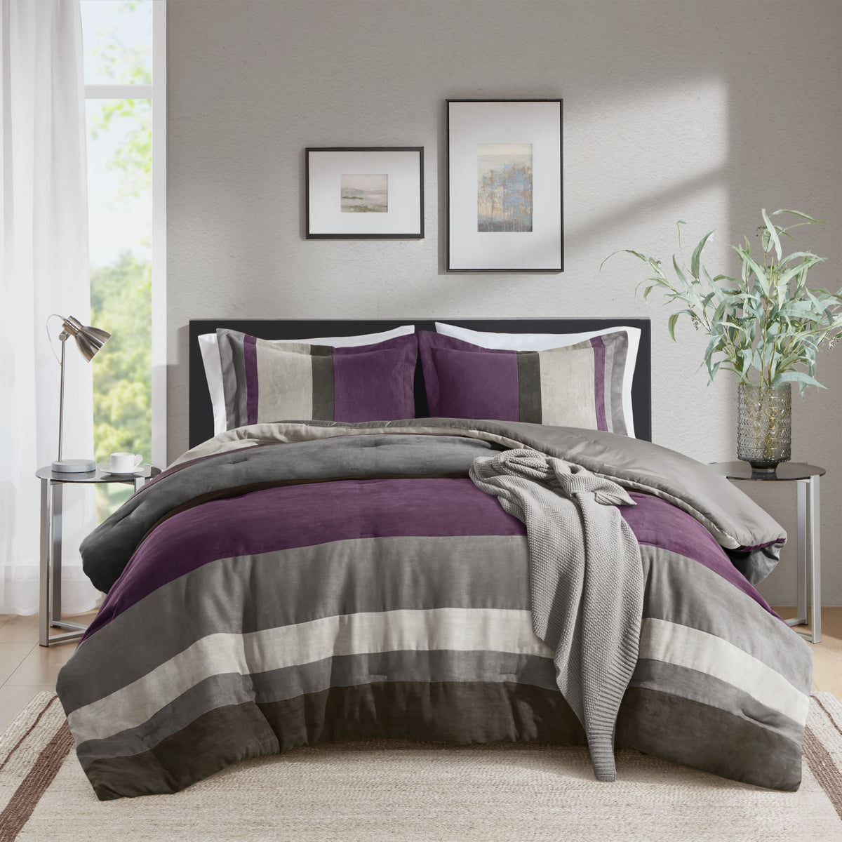 Highland Stripe Pieced Faux Suede Comforter Set - Purple