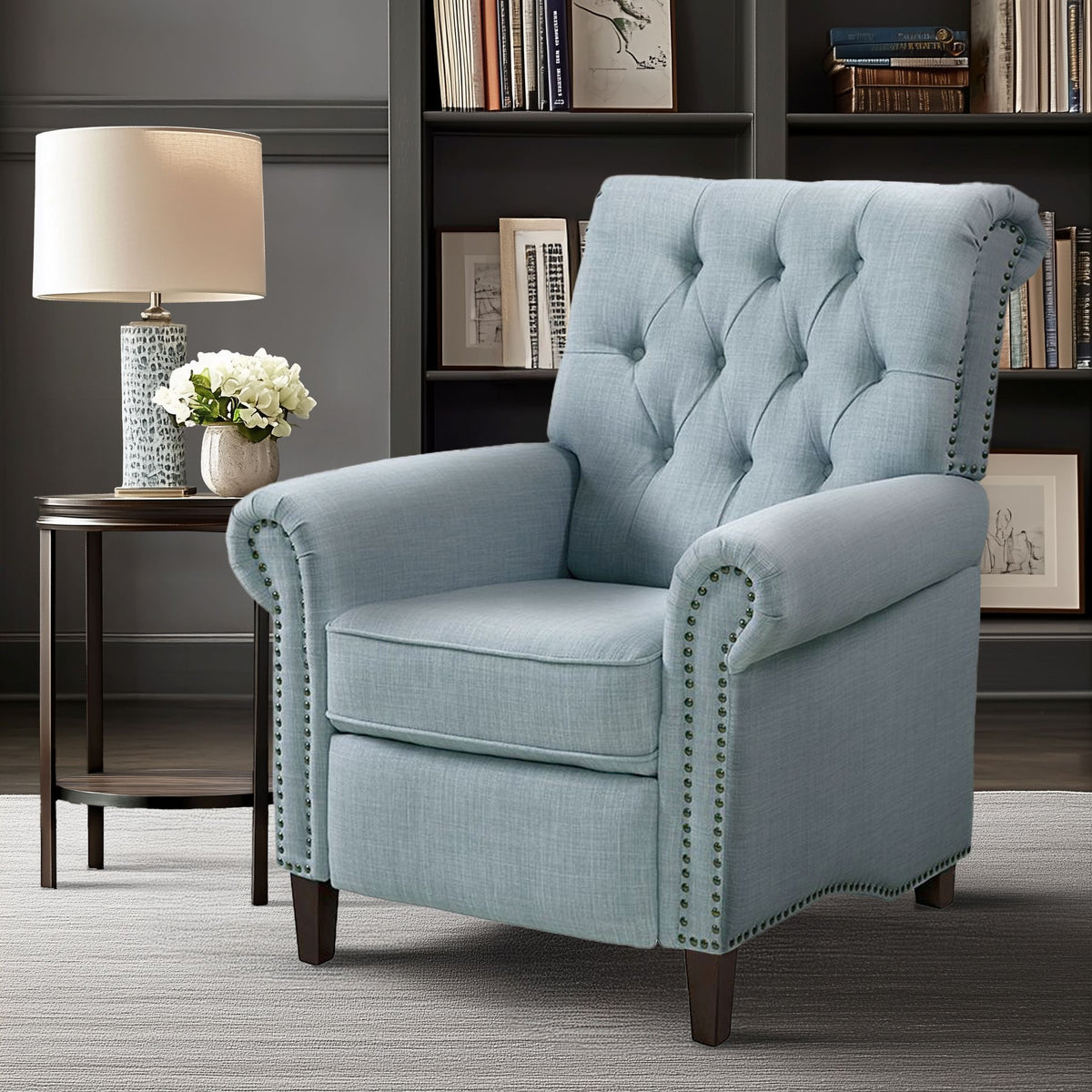 Aidan Upholstered Manual Push Back Recliner Chair with Nailheads - Light Blue