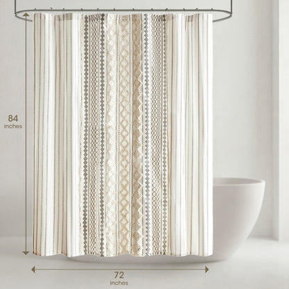 Imani Cotton Printed Shower Curtain with Chenille - Ivory
