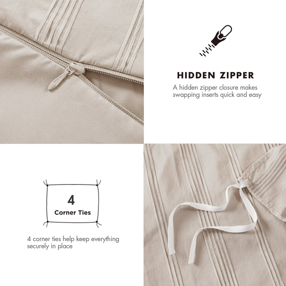 Logan Striped Reversible Pintuck Pleated Duvet Set - Neutral