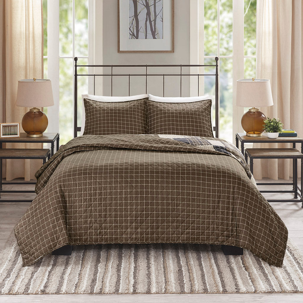 Timber 3 Piece Reversible Printed Quilt Set - Black/Brown