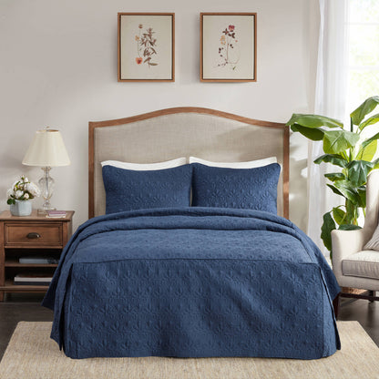 Quebec 3 Piece Split Corner Pleated Quilted Bedspread - Navy