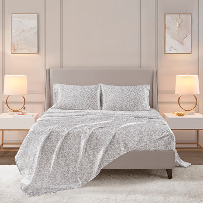 Printed Satin Sheet Set - Gray Leopard