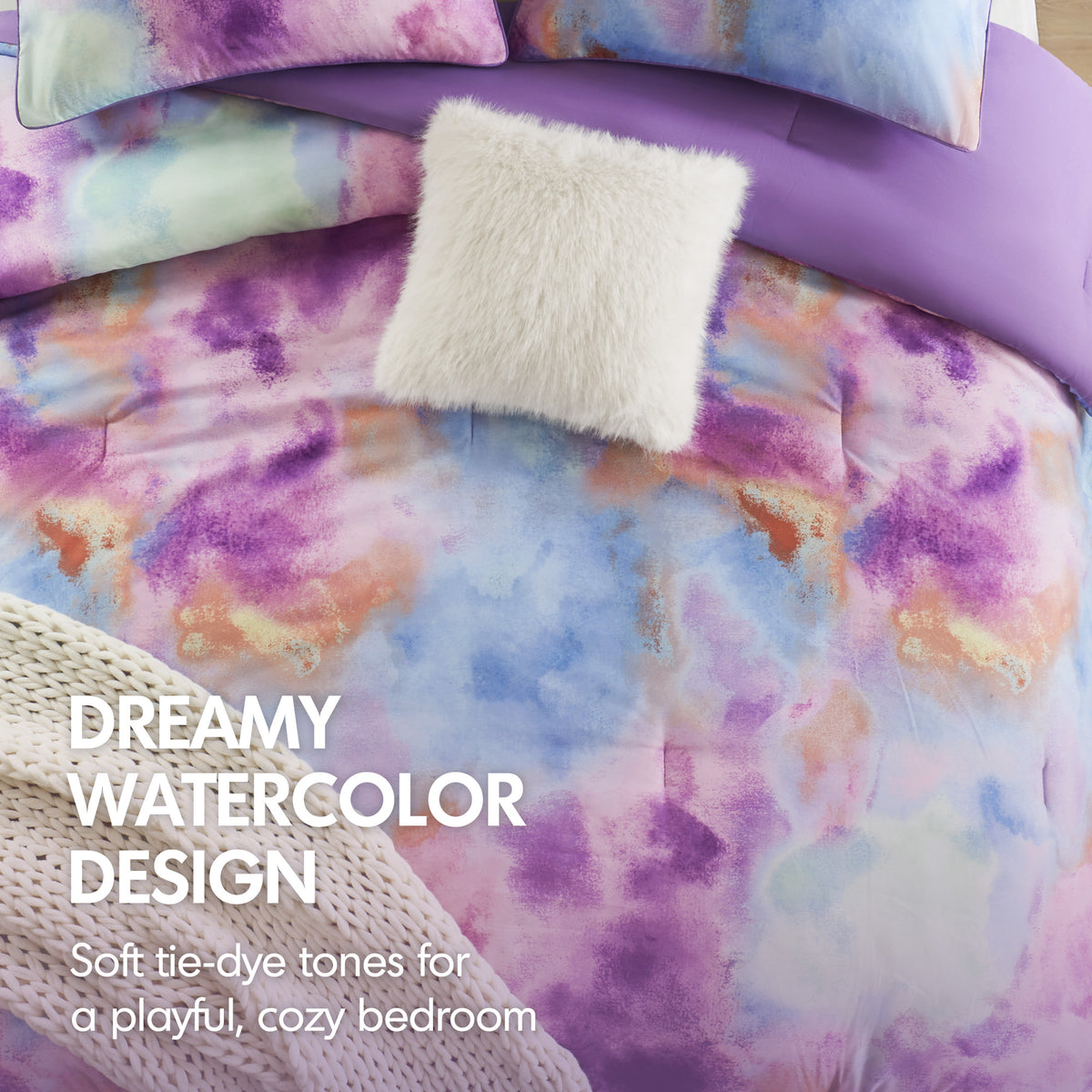 Cassiopeia Watercolor Tie Dye Printed Comforter Set with Throw Pillow - Lavender