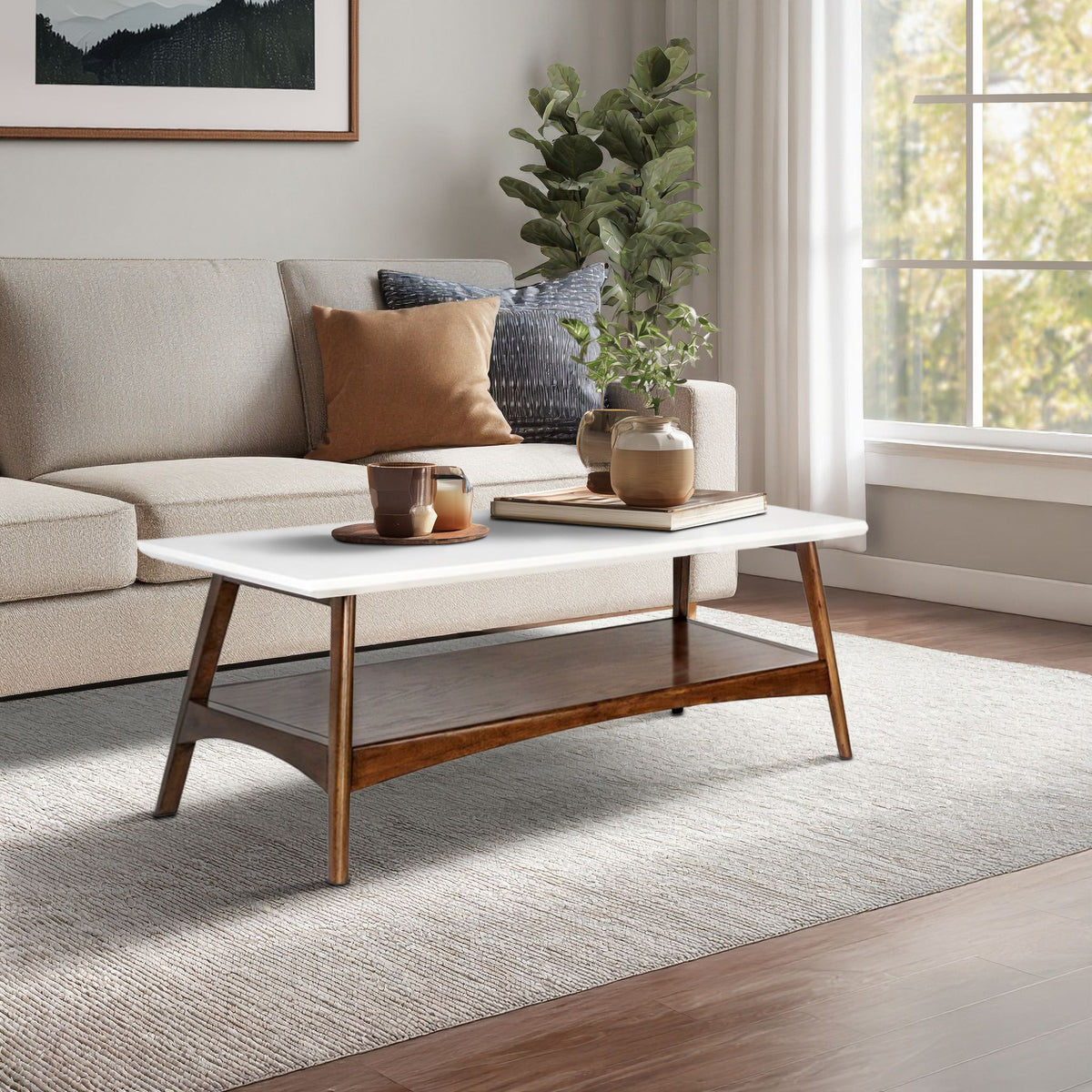 Parker Mid-century Coffee Table with Storage Shelf - Off-White/Pecan