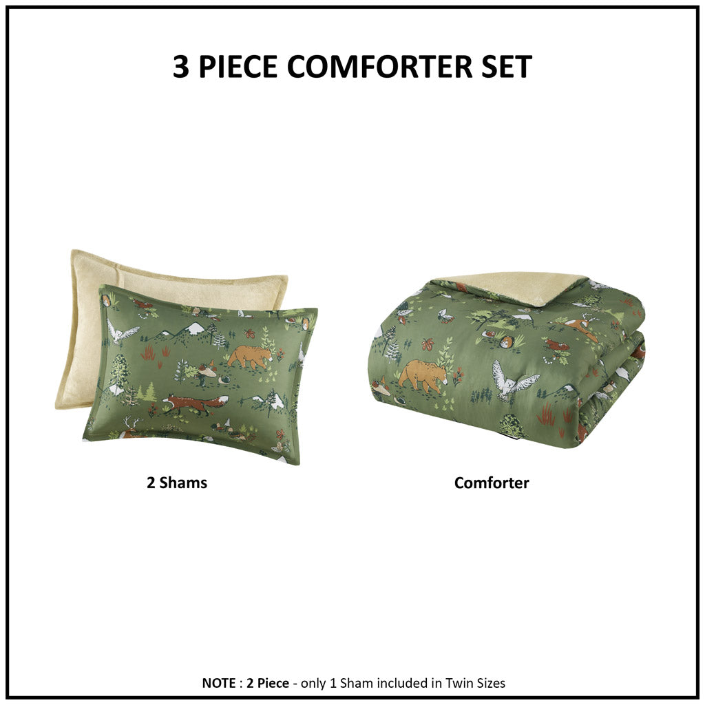 Heath Forest Animals Plush Reversible Comforter Set - Green