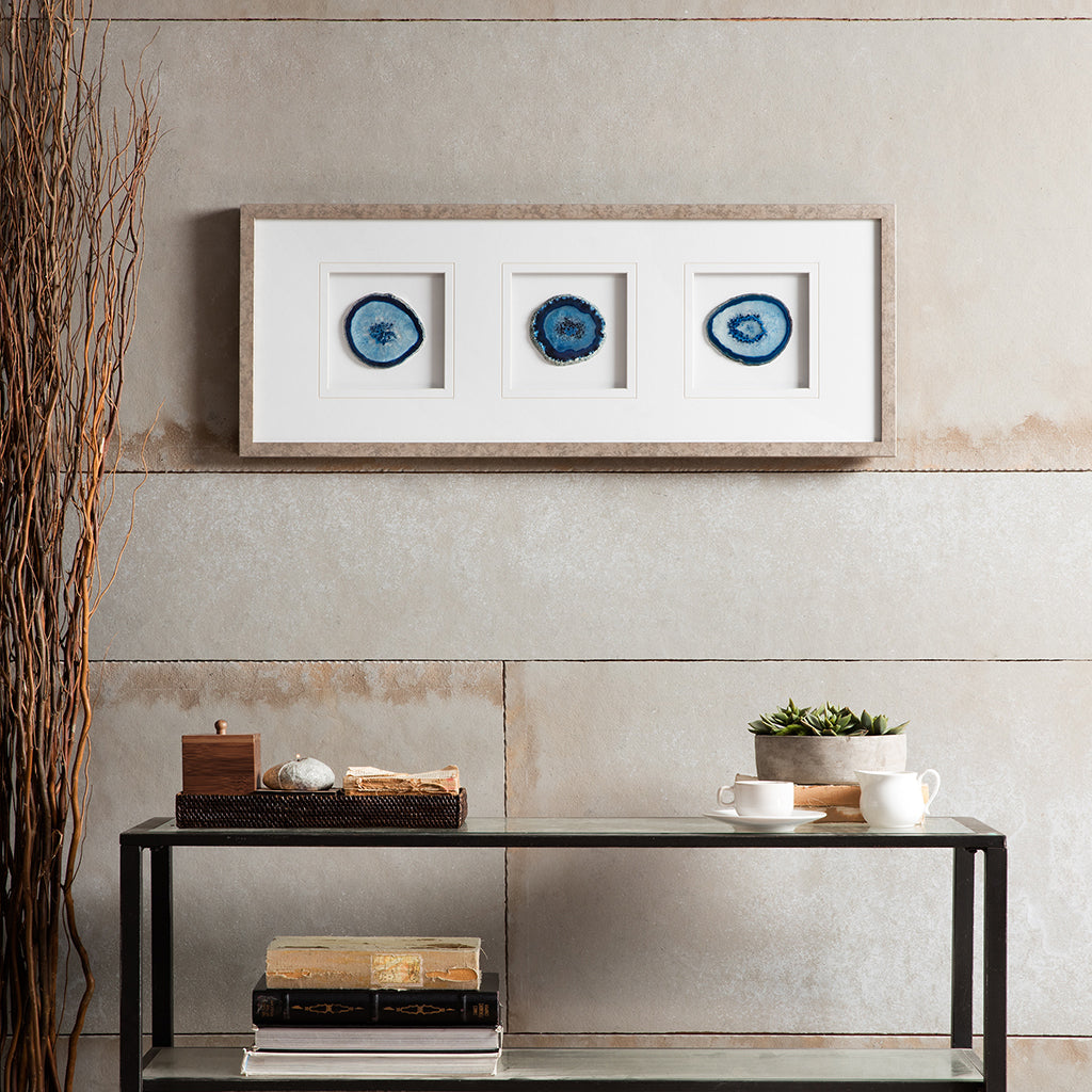 Natural Agate Trio Real Stone Framed Glass and Double Matted Wall Art - Blue