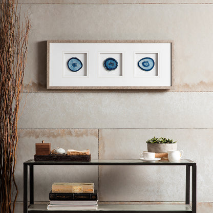Natural Agate Trio Real Stone Framed Glass and Double Matted Wall Art - Blue