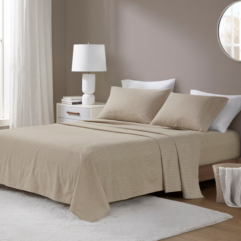 Oversized Cotton Flannel 4 Piece Sheet Set - Beige/White Stripes