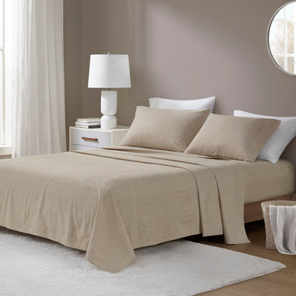 Oversized Cotton Flannel 4 Piece Sheet Set - Beige/White Stripes