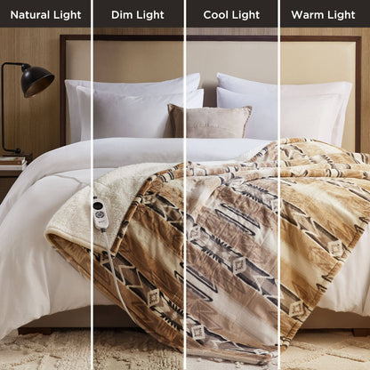 Print Plush to Sherpa Heated Throw - Aztec