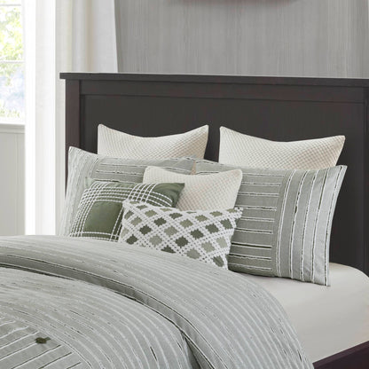 Essence Oversized Cotton Clipped Jacquard Comforter Set with Euro Shams and Throw Pillows - Green
