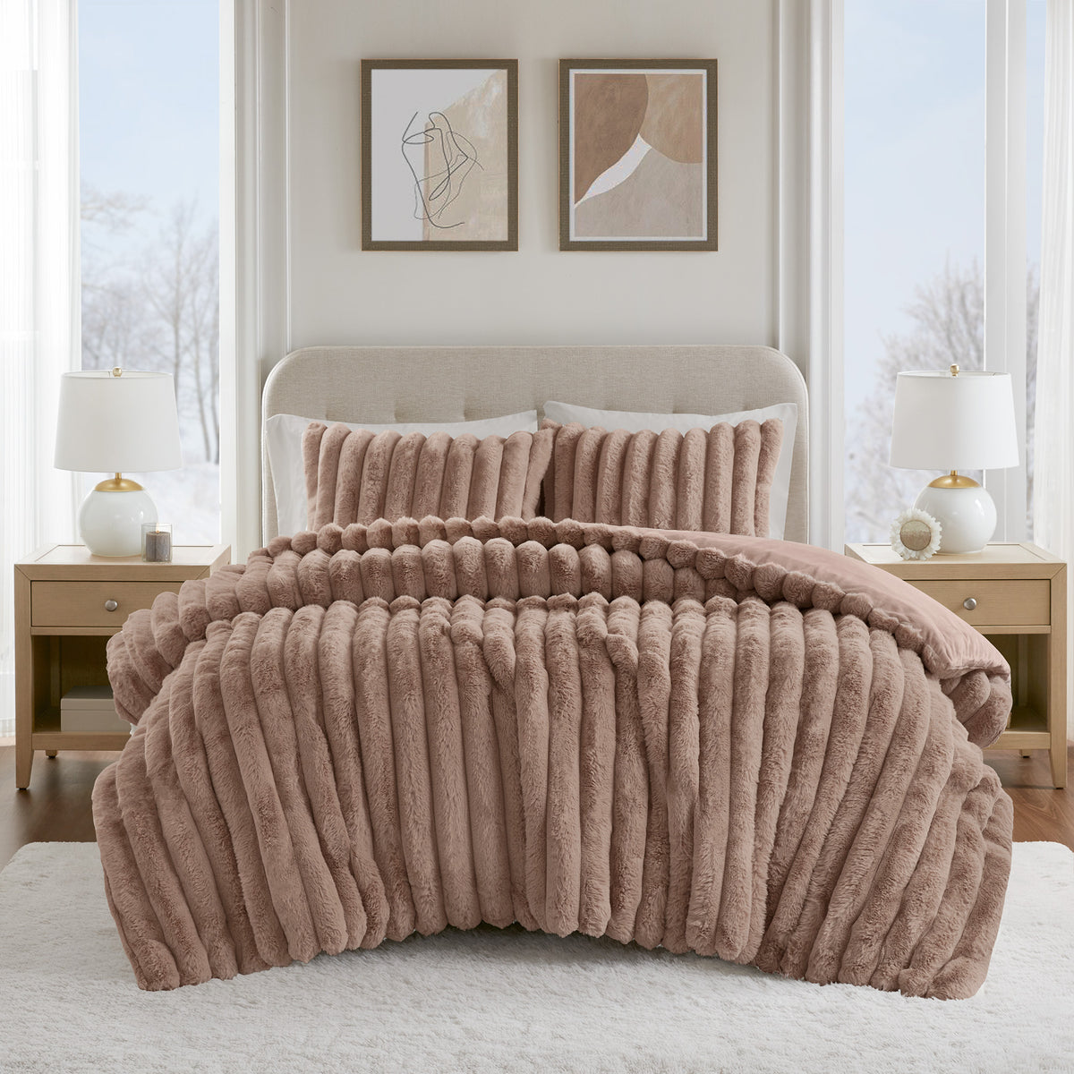Jasmine 3 Piece Faux Fur Comforter Set - Mocha