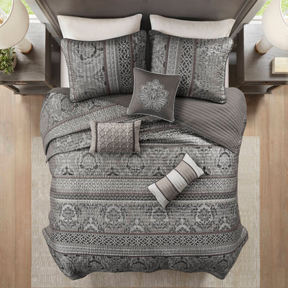 Bellagio 6 Piece Jacquard Quilt Set with Throw Pillows - Grey