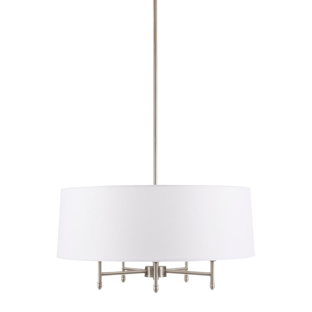 Presidio 5-Light Dimmable Chandelier with Drum-shaped Fabric Shade & Adjustable Height - Silver/White