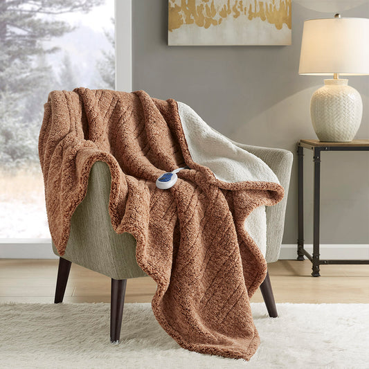 Marbled Sherpa Heated Throw - Brown