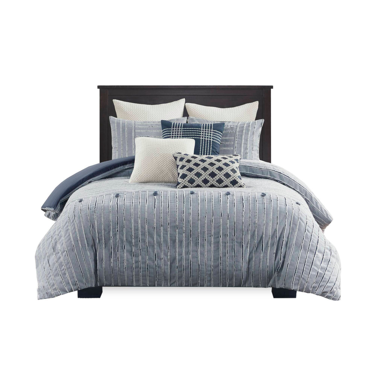 Essence Oversized Cotton Clipped Jacquard Comforter Set with Euro Shams and Throw Pillows - Blue